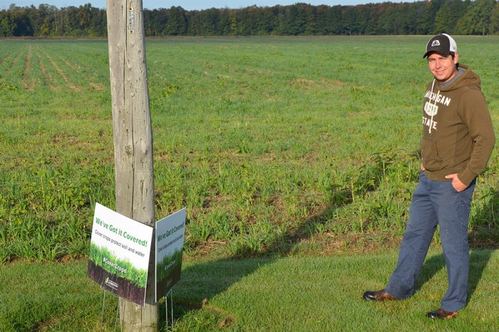 WEâ€™VE GOT IT COVERED! â€“ Brandon Coleman, of Coleman Farms near Kippen, Ontario, is one of the local agricultural producers planting cover crops. New signs, saying â€˜Weâ€™ve Got it Covered!â€™ are in place at several farms of participating landowners in Bayfield and Lake Huron tributary watersheds.