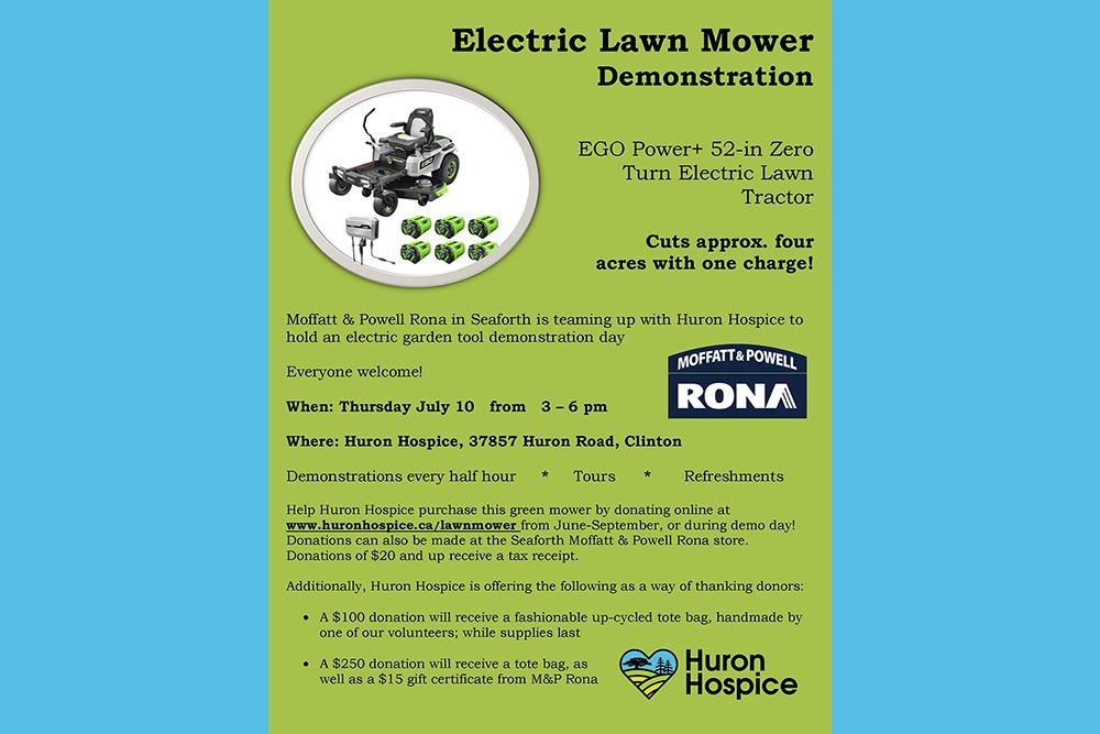 A poster for July 10, 2025 electric lawn mower demo day.