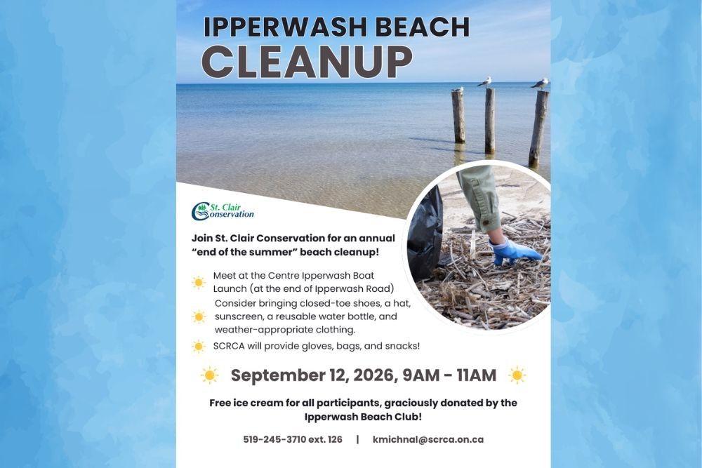 An image showing lake water and details about Sept. 12, 2026 shoreline cleanup.