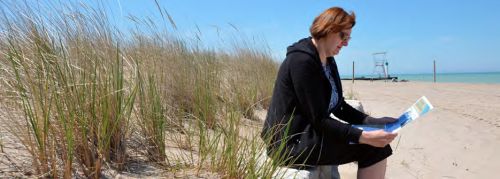 Lynn Berg, of Lethbridge, Alberta, reads the Healthy Lake Huron: Clean Water, Clean Beaches newsletter in Grand Bend, as she sits beside a beach dune planting project. 